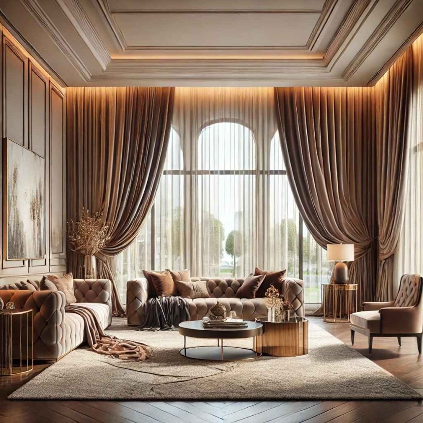 A realistic luxurious living room featuring elegant window drapes treatment by Wright Drapes.