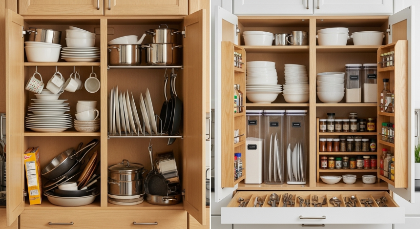 A messy kitchen cabinet vs. a neatly organized one.