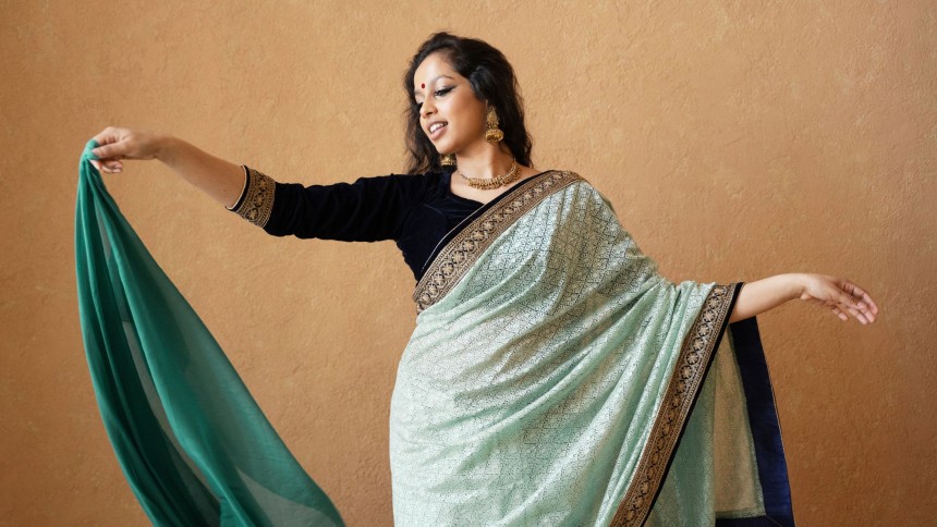 A woman wearing trendy wedding outfits on a wedding
