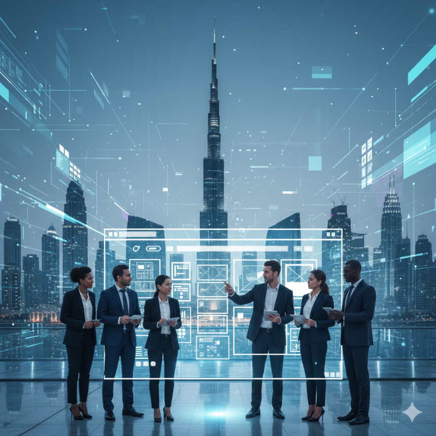 Business professionals in Dubai working on website layouts with city skyline in the background, representing the growth of a web design company in Dubai.