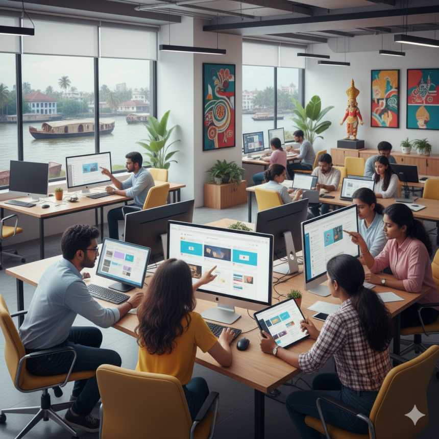 “Designers in Kochi working on responsive website projects, showcasing the rising importance of a web design company in Kochi for digital growth.”