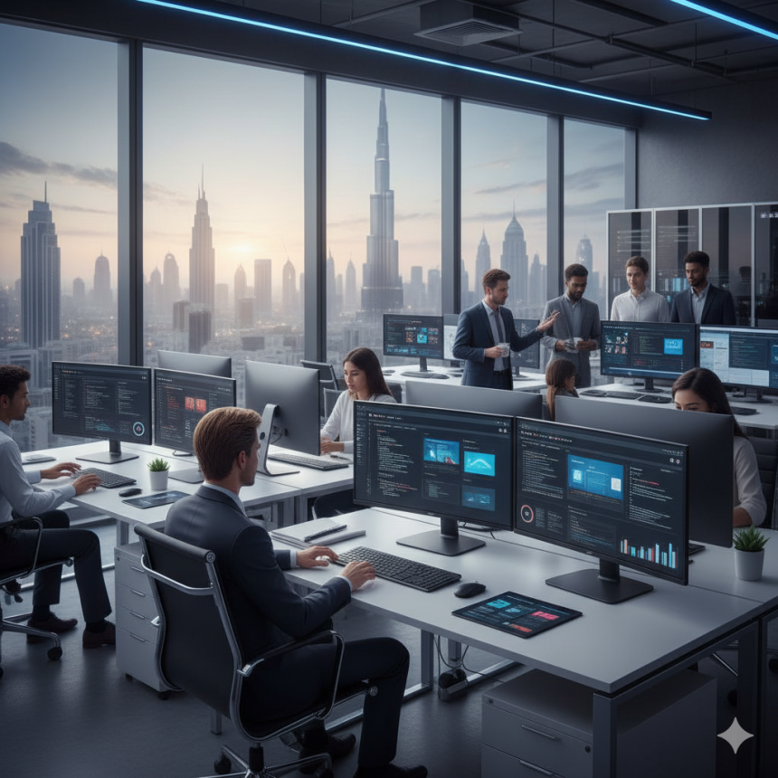 “Dubai professionals developing responsive websites, showing how a web development company in Dubai supports business growth and digital success.”