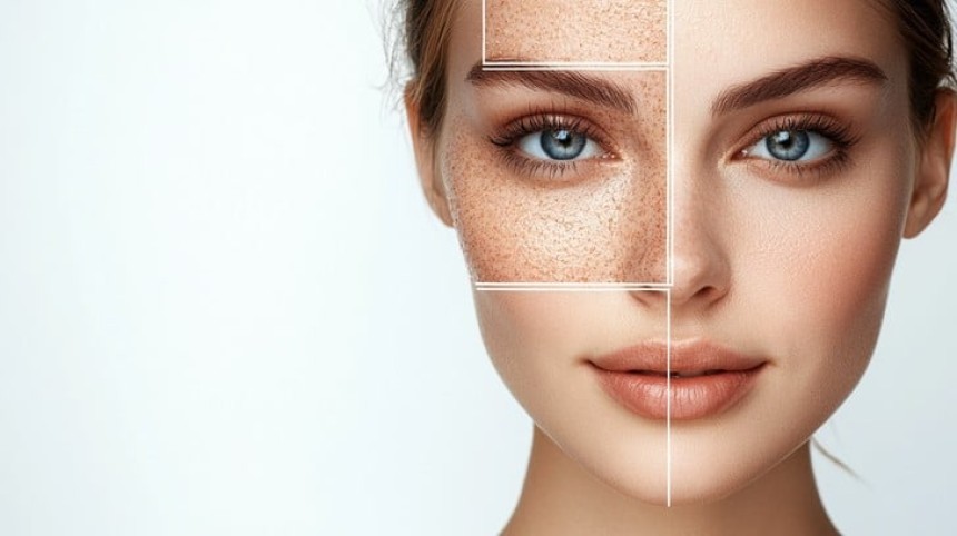 woman skin transformation before and after, realistic photo, side by side comparison, one side shows dull tired skin with dark spots, other side shows bright glowing radiant complexion, same woman same lighting, neutral background, professional dermatology photo