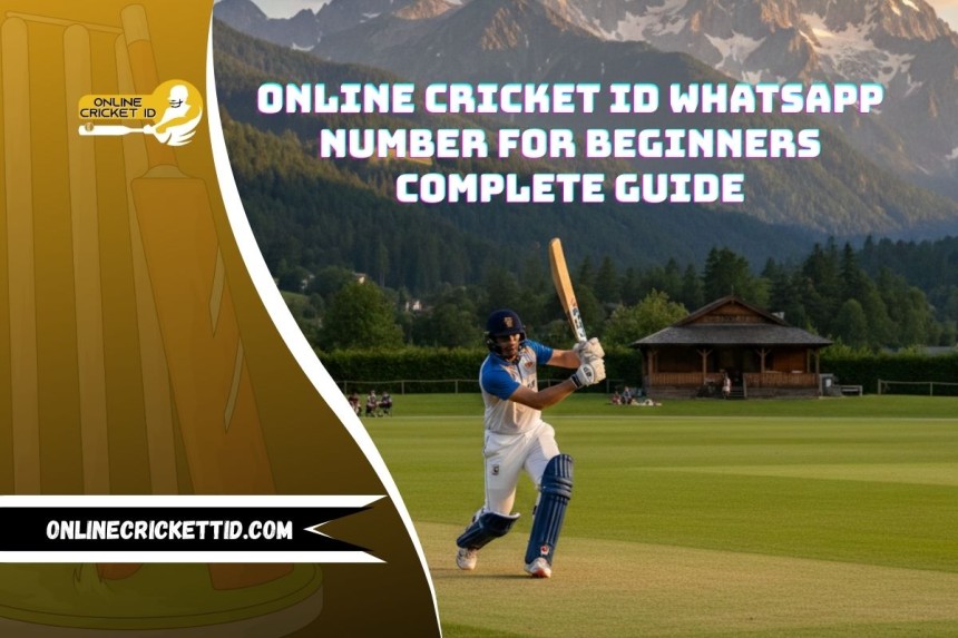 A cricketer plays a forward shot on a lush green field with mountains in the background. Text overlay reads, "Online Cricket ID WhatsApp Number for Beginners Complete Guide."