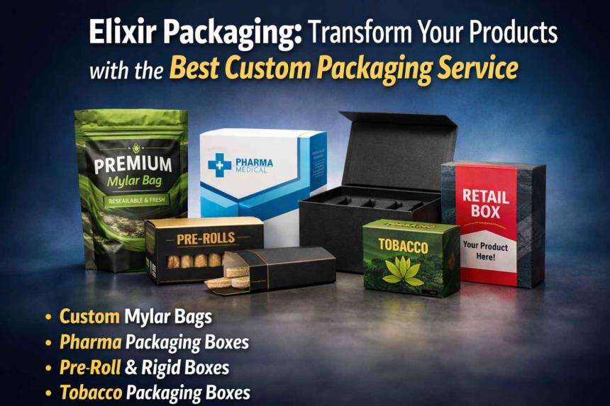 Promotional graphic showing custom Mylar bags, pharmaceutical packaging boxes, pre-roll boxes, rigid boxes, retail packaging, and tobacco packaging on a dark blue background.