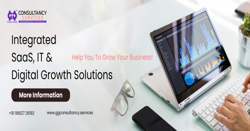 Integrated SaaS, IT & Digital Growth Solutions banner with laptop showing analytics dashboard and business growth promotion details.