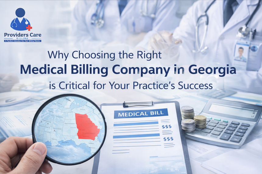 Providers Care Billing LLC logo with a headline about choosing the right medical billing company in Georgia, featuring Georgia highlighted on a map, a medical bill, coins, and a calculator.