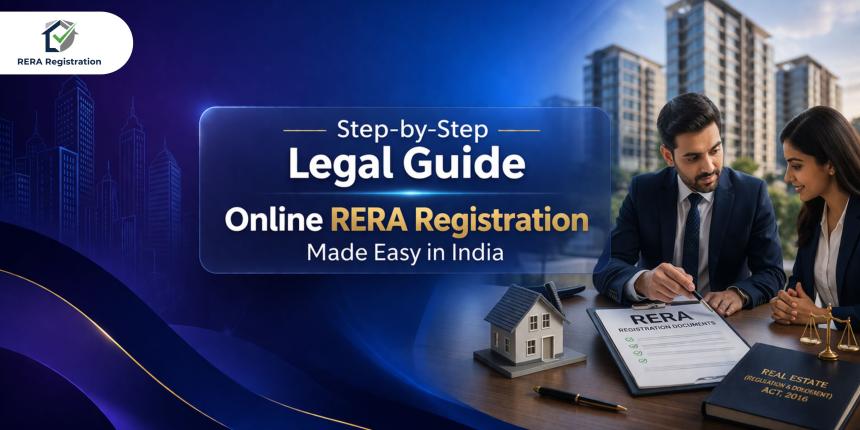 Professional promotional banner for online RERA registration in India. The design features a blue gradient background with cityscape graphics and the text ‘Step-by-Step Legal Guide: Online RERA Registration Made Easy in India.’ On the right, a businessman and a woman review RERA registration documents at a desk with a model house, legal book (Real Estate Regulation Act 2016), and scales of justice, symbolizing legal compliance and real estate services.