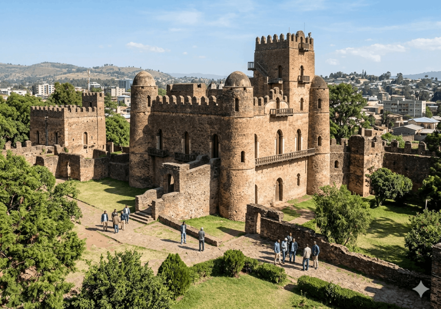 A historic stone castle with fortified walls and rounded towers set in a green courtyard, surrounded by trees and modern buildings in the background. Several people are walking and standing on the stone pathways around the castle under a clear blue sky.