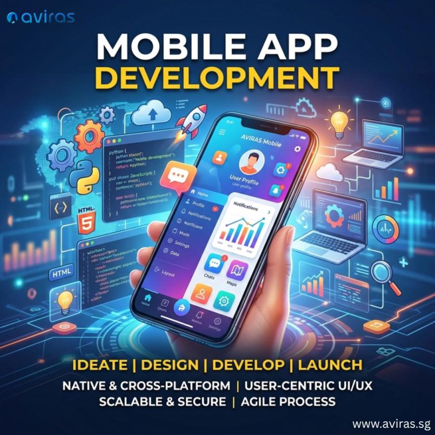 A promotional graphic for mobile app development showing a hand holding a smartphone with a user interface dashboard, surrounded by icons representing coding (Python, HTML), cloud computing, analytics, and design tools, with the headline “Mobile App Development” and supporting text about ideation, design, development, and launch.