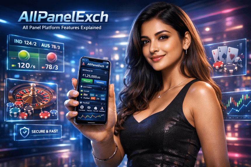 Beautiful Indian woman holding smartphone displaying AllPanelExch dashboard with live sports betting, casino games, wallet balance, and real-time analytics in a futuristic neon gaming environment