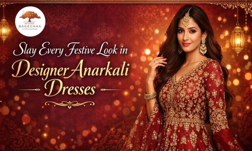 Premium festive website banner showcasing “Slay Every Festive Look in Designer Anarkali Dresses” in elegant gold typography on a rich maroon and burgundy background with subtle Mughal patterns, glowing bokeh lights, and hanging lanterns. A graceful Indian woman in a heavily embroidered red Anarkali dress stands on the right, styled with traditional jewelry, creating a luxurious ethnic fashion aesthetic.