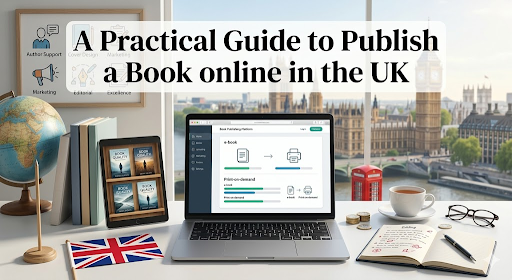 A Laptop display showing steps to publishing a book. On the left are hardcopy books and on the right there is a work diary.
