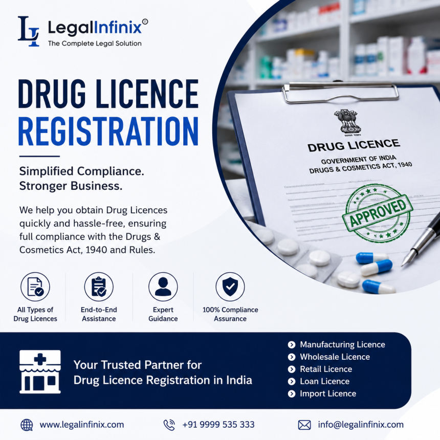 Drug Licence Registration service banner by LegalInfinix showing approved pharmacy drug licence documents, compliance assistance, and online registration services in India.
