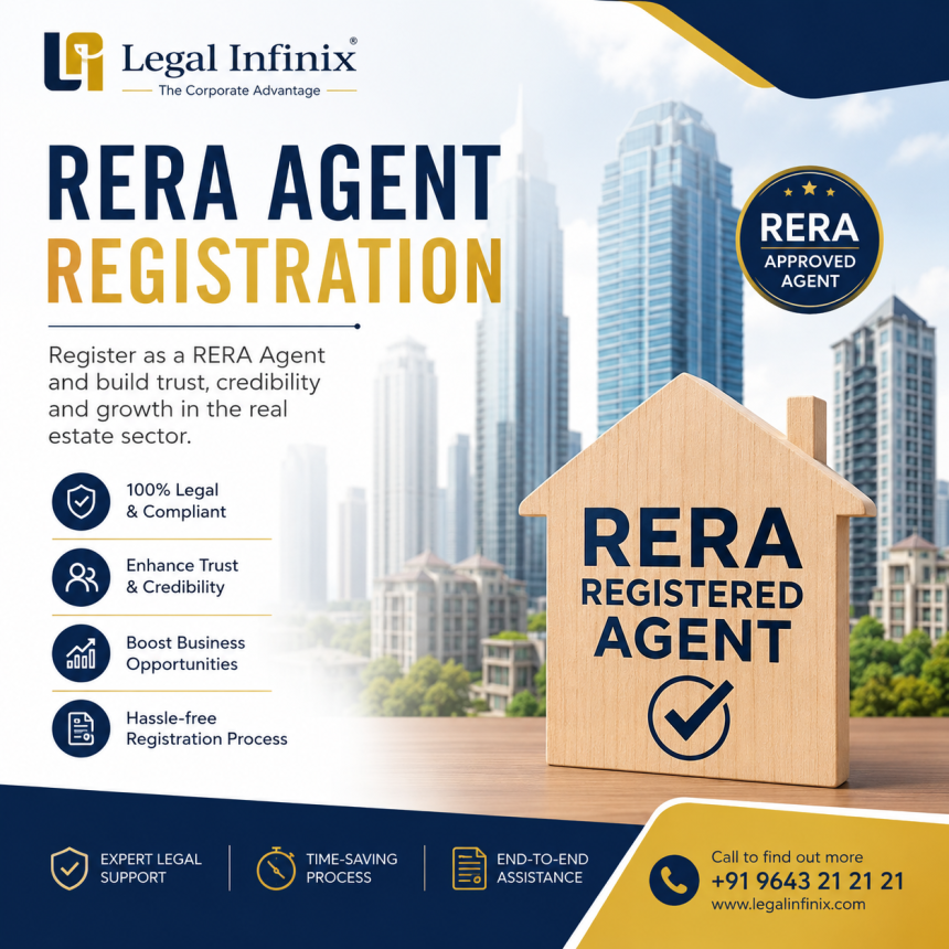 RERA Agent Registration service banner featuring modern real estate buildings, Legal Infinix branding, compliance icons, and a certified RERA registered agent concept for property consultants and brokers.