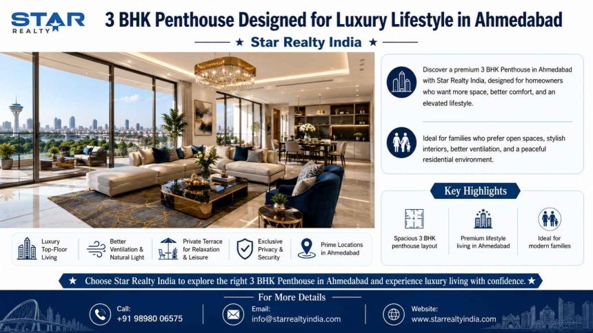 Discover a premium 3 BHK Penthouse in Ahmedabad with Star Realty India, designed for spacious comfort, modern lifestyle, privacy, and elevated family living.