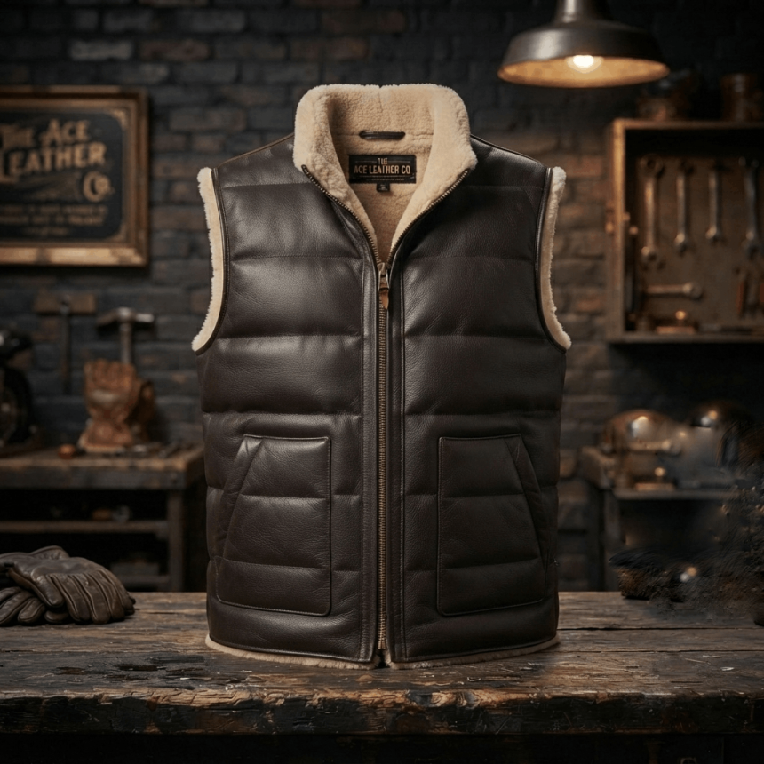 Premium Leather Sherpa Puffer Vest