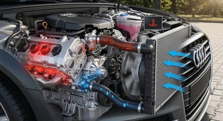 Cutaway diagram of a car engine showing a radiator leak with bright green coolant dripping onto the ground, steam rising from a cracked upper hose, an overheating engine block highlighted in red, and an inset temperature gauge pointing to ho