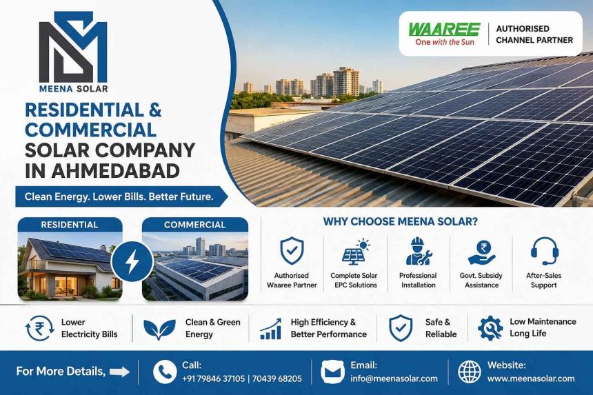 Meena Solar is a trusted residential and commercial solar company in Ahmedabad, offering rooftop solar installation, Waaree panels, expert support and long-term savings.