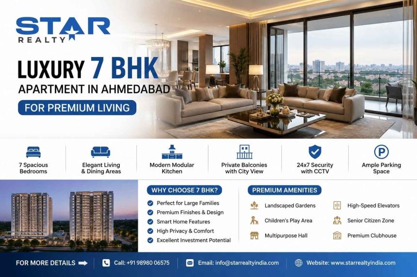 Explore spacious and luxurious 7 BHK Apartment options in Ahmedabad with premium amenities, modern interiors, excellent connectivity, privacy, and an ideal lifestyle for large families.